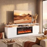 HOMCOM Electric Fireplace TV Stand for 80" TVs, 1800W LED Light Entertainment Center with Adjustable Flame, Remote, White(m-2)