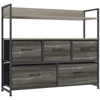 HOMCOM Cajonera de Tela Cómoda de Dormitorio con 5 Cajones y Estantes Estructura de Acero Estilo Industrial Gris(m-1)