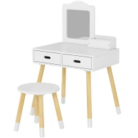 ZONEKIZ Tocador de Madera Infantil con Taburete y Espejo Centro de Belleza con 2 Cajones para 3-6 Años 60x40x95cm Blanco(m-12)