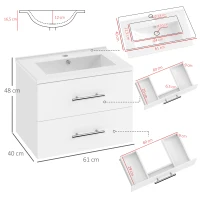 HOMCOM Mobile Bagno con Lavabo in Ceramica e 2 Cassetti, 61x40x48 cm, Bianco(m-3)