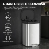 HOMCOM Pattumiera Rettangolare a Pedale 50L in Acciaio Inox con Chiusura Ammortizzata, Scomparto per Deodorante, Argento(m-6)