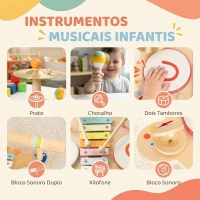 AIYAPLAY Bateria Infantil de Madeira Montessori com Xilofone, Prato, Maraca e Bloco Sonoro, Presente para Criança, 18 Meses-6 Anos(m-4)