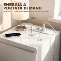 HOMCOM Set di 2 Comodini Stretti con Stazione di Ricarica e 3 Cassetti, Bianco Lucido(m-5)
