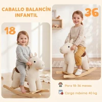 AIYAPLAY Caballito Balancín para Bebés con Sonidos de Cascos y Relinchos Base de Madera Tapizado en Pana 18 a 36 Meses Blanco(m-4)