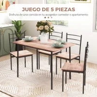 HOMCOM Conjunto de Comedor 5 Piezas Juego de 1 Mesa y 4 Sillas con Pies Acero para Cocina 110x70x75 cm Madera Natural y Negro(m-4)