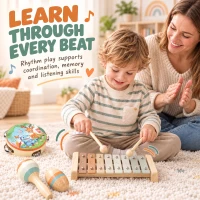 AIYAPLAY Kids Drum Kit, 14 Pieces Wooden Kids Musical Instruments Set with Tone Block, Maracas, Triangle, Xylophone for Toddlers(m-5)
