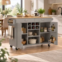 Moderne keukeneiland, multifunctionele keukenwagen met verstelbare vakken en uitneembaar wijnrek, 360° zwenkwielen met rem, 102×45×92 cm, grijs(m-3)