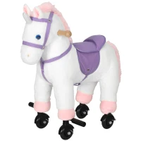 AIYAPLAY Unicorn Rocking Horse, Plush Ride On Horse with Hoof and Neighing, Rolling Wheels and Pedal for 3-8 Y, Up to 50kg, White(m-15)