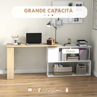 HOMCOM Scrivania Angolare con Piano Girevole a 360° e 5 Ripiani, 120x110x74.5 cm, Color Legno, Bianco(m-4)