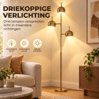 HOMCOM 350° verstelbare vloerlamp voor woonkamer en kantoor, staande lamp met 3 stalen kappen, goudkleurig(m-4)