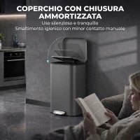HOMCOM Pattumiera Rettangolare a Pedale 30L con Secchio Interno Rimovibile, Chiusura Ammortizzata e Manico, Grigio Scuro(m-3)