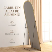 HOMCOM Oglindă Modernă de Podea și Perete din Aliaj de Aluminiu cu Suport Pliabil, 59 x 161,5 cm, Auriu(m-6)
