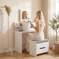 HOMCOM Penteadeira com Espelho Rebatível, Espelho de Aumento, Banco Acolchoado com Rodas, 2 Gavetas e Prateleira Aberta, Branca(m-9)