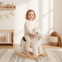 AIYAPLAY Cavallo a Dondolo per Bambini 18-36 Mesi in Velluto a Coste con Suoni e Base in Legno di Pioppo, Bianco(m-10)