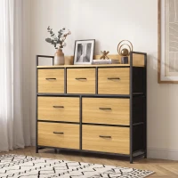 HOMCOM Cajonera de Tela Cómoda de Dormitorio con 7 Cajones Estructura de Acero para Sala de Estar Pasillo Roble(m-10)