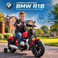 AIYAPLAY Moto Elettrica per Bambini 12V BMW R18, Batteria al Litio, 3-8 Anni, Rotelle Rimovibili, Faro, Musica, Rossa(m-4)