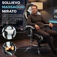 HOMCOM Sedia Gaming Ergonomica Massaggiante con Cuscino Lombare Regolabile, Finta Pelle, Poggiapiedi, Bianco(m-4)