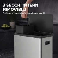 HOMCOM Pattumiera Automatica con Sensore 54L, 3 Scomparti, Secchi Interni Rimovibili, Acciaio Inox, Argento(m-7)