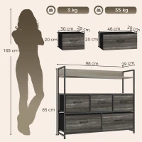 HOMCOM Cajonera de Tela Cómoda de Dormitorio con 5 Cajones y Estantes Estructura de Acero Estilo Industrial Gris(m-3)