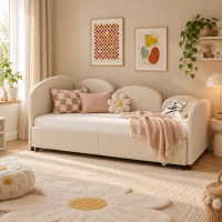 Slaapbank met bloemenmotief, zachte fluwelen bekleding, uittrekbare opberglade en metalen frame, slaapmaat, 210×99×82,5 cm, beige(m-5)