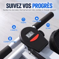 HOMCOM Rameur Hydraulique à 12 Niveaux de Résistance, Rameur d'Appartement avec Écran LCD, Pédale Antidérapante, Charge 100 kg, pour Maison, Salle de Gym, l'Équipement d'Entraînement d'Intérieur, Noir(m-6)