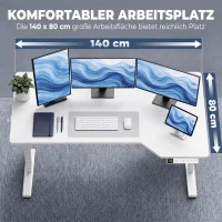 HOMCOM Elektrischer Eckschreibtisch, 3 Speicherplätze, Kabelmanagement, 2 Haken, L-Form, Weiß(m-6)