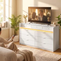 HOMCOM Chest of Drawers for Bedroom with LED Light & Charging Station, 9 Drawers Storage Unit/TV Stand, White(m-8)