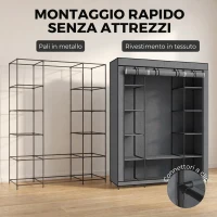 HOMCOM Armadio in Tessuto Salvaspazio con Barra Appendiabiti e 11 Ripiani, 135x45x175 cm, Grigio(m-5)
