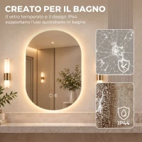 HOMCOM Specchio da Bagno LED 60x90cm Senza Cornice, 3 Colori Dimmerabili e Altoparlante Bluetooth(m-7)