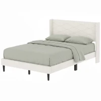 HOMCOM Cama Estofada 140x200 cm com Cabeceira Acolchoada com Abas em Veludo, Ripas de Madeira, Montagem Fácil, Bege(m-19)