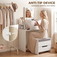 HOMCOM Vanity Desk Flip Top Hidden Mirror Vanity Rolling Stool Open Shelf White Wood Effect(m-7)