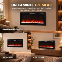 HOMCOM Camino Elettrico da Incasso, Parete e Terra Slim 102 cm con Telecomando, 900/1800W, Timer, 35㎡ Nero(m-4)