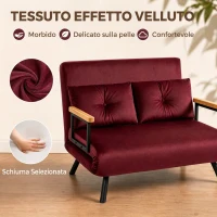HOMCOM Divano Letto 3 in 1 in Tessuto Effetto Velluto con Schienale Regolabile e 2 Cuscini, 102x73x81 cm, Rosso Vino(m-6)