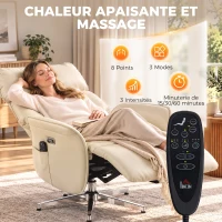 HOMCOM Fauteuil Relax Électrique Pivotant Massant et Chauffant Fauteuil Inclinable en PU Hauteur Réglable Double Moteur Crème(m-4)