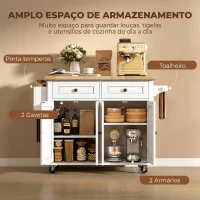 HOMCOM Ilha de Cozinha com Rodas Carrinho Auxiliar com Tampo em Madeira de Seringueira 2 Gavetas Prateleiras Ajustáveis Branco(m-6)