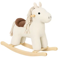 AIYAPLAY Cavallo a Dondolo per Bambini 18-36 Mesi in Velluto a Coste con Suoni e Base in Legno di Pioppo, Bianco(m-1)