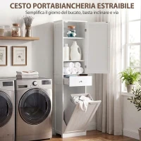 HOMCOM Mobile Bagno a Colonna 180 cm con Cesto Portabiancheria Ribaltabile, Bianco(m-5)