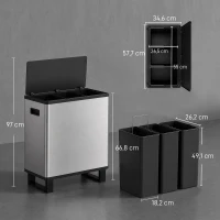 HOMCOM Pattumiera Automatica con Sensore 54L, 3 Scomparti, Secchi Interni Rimovibili, Acciaio Inox, Argento(m-3)