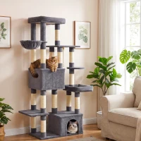 PawHut Tiragraffi per Gatti Alto 180 cm Multilivello, 13 Pali, 2 Casette, Amaca, Lettini, Grigio Scuro(m-9)