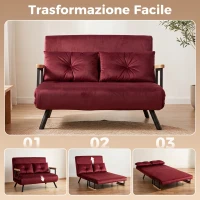 HOMCOM Divano Letto 3 in 1 in Tessuto Effetto Velluto con Schienale Regolabile e 2 Cuscini, 102x73x81 cm, Rosso Vino(m-4)