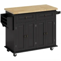 HOMCOM Isola da Cucina con Ruote, Carrello Salvaspazio con Piano in Legno di Caucciù, 111 x 44.5 x 82.5 cm, Nero(m-1)