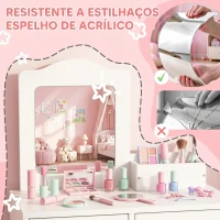 ZONEKIZ Toucador Infantil de Madeira com Banco Espelho e 2 Gavetas Brinquedo Educativo para Crianças de 3-6 Anos 60x40x95cm Branco(m-7)