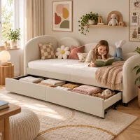Slaapbank met bloemenmotief, zachte fluwelen bekleding, uittrekbare opberglade en metalen frame, slaapmaat, 210×99×82,5 cm, beige(m-2)