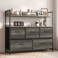 HOMCOM Cajonera de Tela Cómoda de Dormitorio con 5 Cajones y Estantes Estructura de Acero Estilo Industrial Gris(m-10)