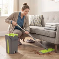 HOMCOM Mop and Bucket Set, Compact Flat Mop System with Wringer, 2 Chambers, 5 Reusable Pads, Dark Grey and Green(m-14)