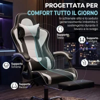 HOMCOM Sedia Gaming Ergonomica Massaggiante con Cuscino Lombare Regolabile, Finta Pelle, Poggiapiedi, Bianco(m-5)