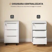 HOMCOM Schedario da Ufficio con 3 Cassetti, 4 Ruote, Cassettiera Ufficio con Serratura e 2 Chiavi, Bianco(m-7)