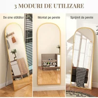 HOMCOM Oglindă Modernă de Podea și Perete din Aliaj de Aluminiu cu Suport Pliabil, 59 x 161,5 cm, Auriu(m-7)