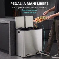 HOMCOM Pattumiera a Pedale 2 x 30L in Acciaio Inox con Secchi Estraibili e Chiusura Ammortizzata, Argento(m-7)
