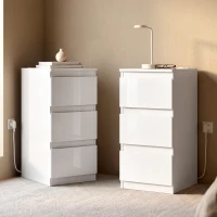 HOMCOM Set di 2 Comodini Stretti con Stazione di Ricarica e 3 Cassetti, Bianco Lucido(m-2)